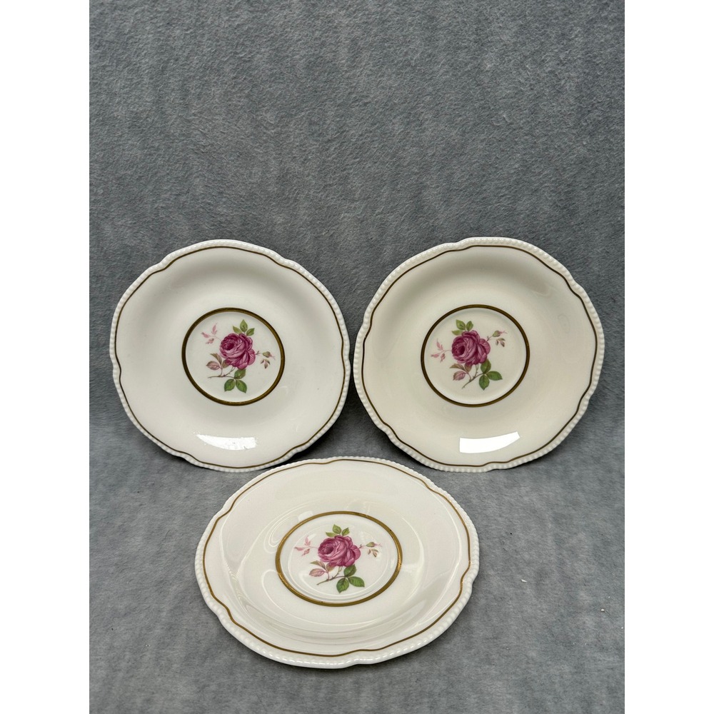 VTG Castleton China Dolly Madison Saucer Set 3 White Pink Rose Gold Trim 6 in